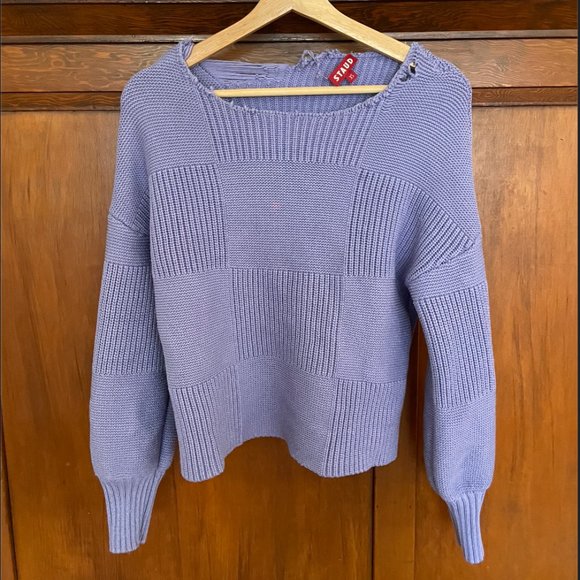 STAUD Sweaters - Staud Distressed Purple Crop Ribbed Checkerboard Sweater Sz XS